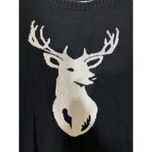 Charter Club Sweater Women P/M Black White Deer Pullover Ugly Christmas Pearls